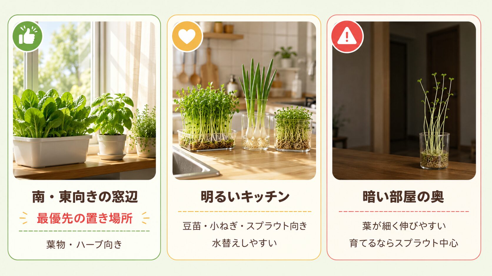 室内菜園の置き場所を南向き窓辺・明るいキッチン・暗い部屋の奥で比較した図解