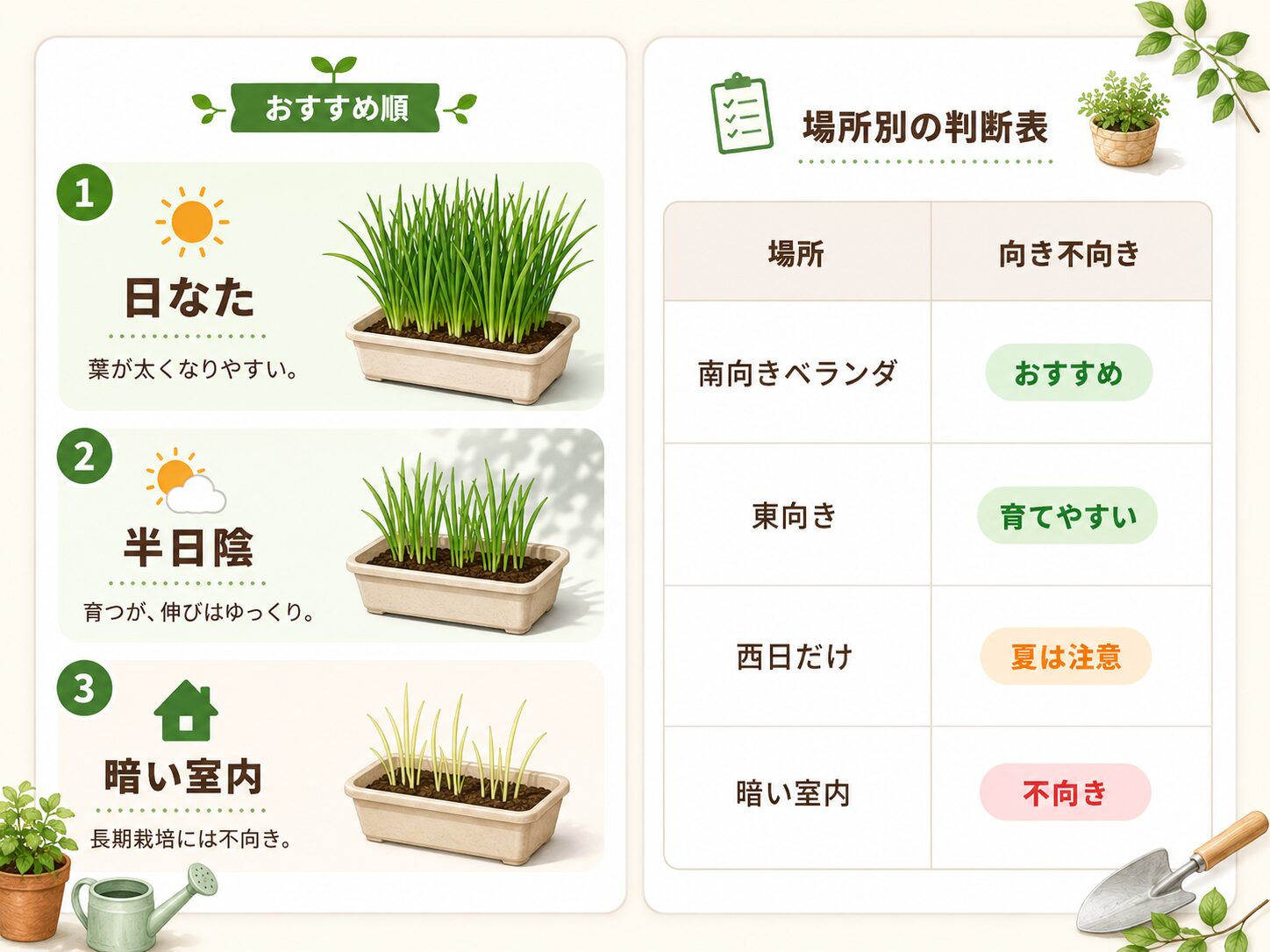ニラの置き場所と日当たりの判断表