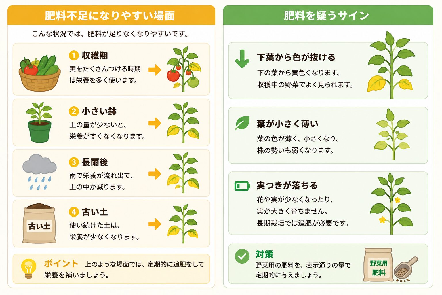 肥料不足になりやすい場面と肥料を疑うサインを説明した図解