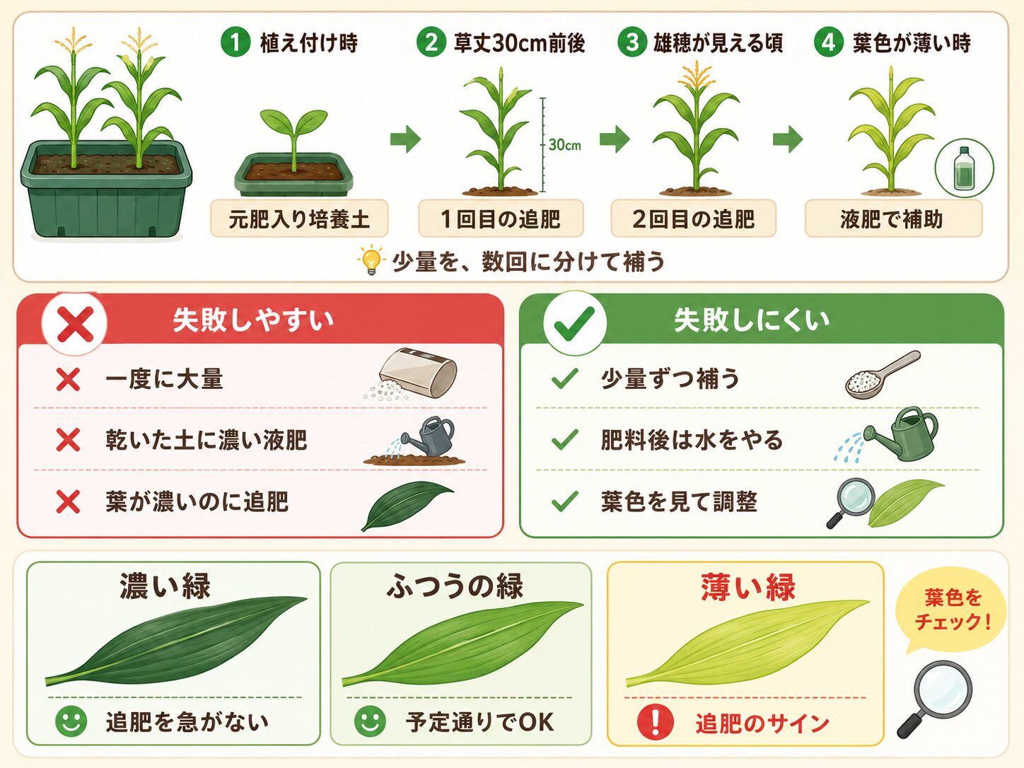 とうもろこしの追肥タイミングと葉色チェックの図解
