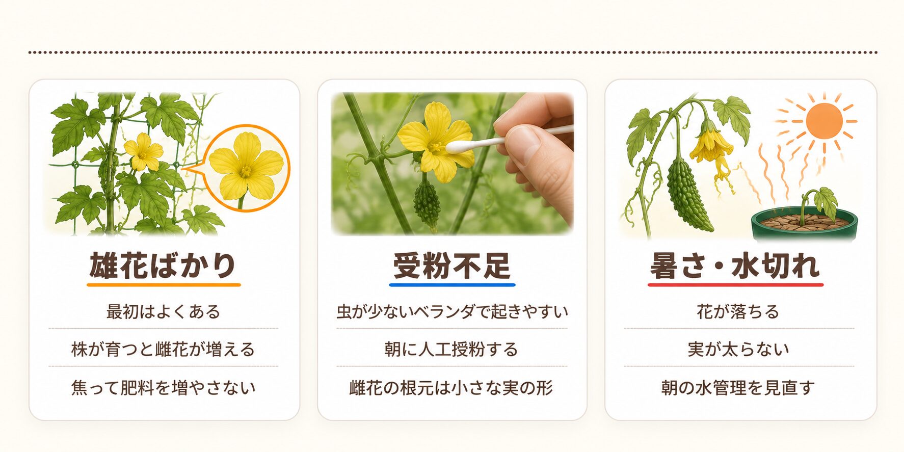 ゴーヤの雄花ばかり・受粉不足・暑さ水切れによる実がならない原因を示した図解