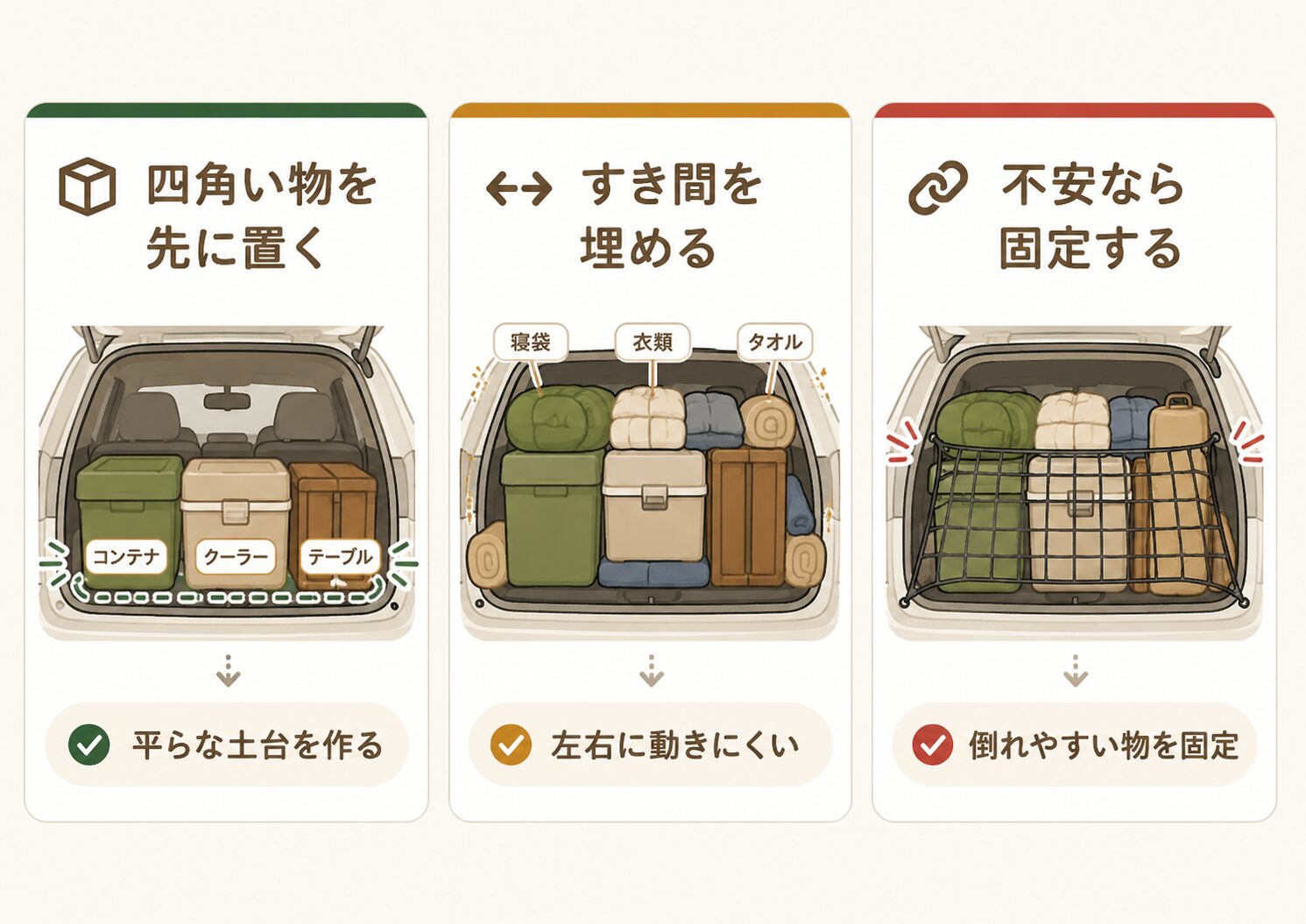 キャンプ荷物の荷崩れを防ぐコツ。四角い物を先に置き、すき間を埋め、不安なら固定する方法を示した図解