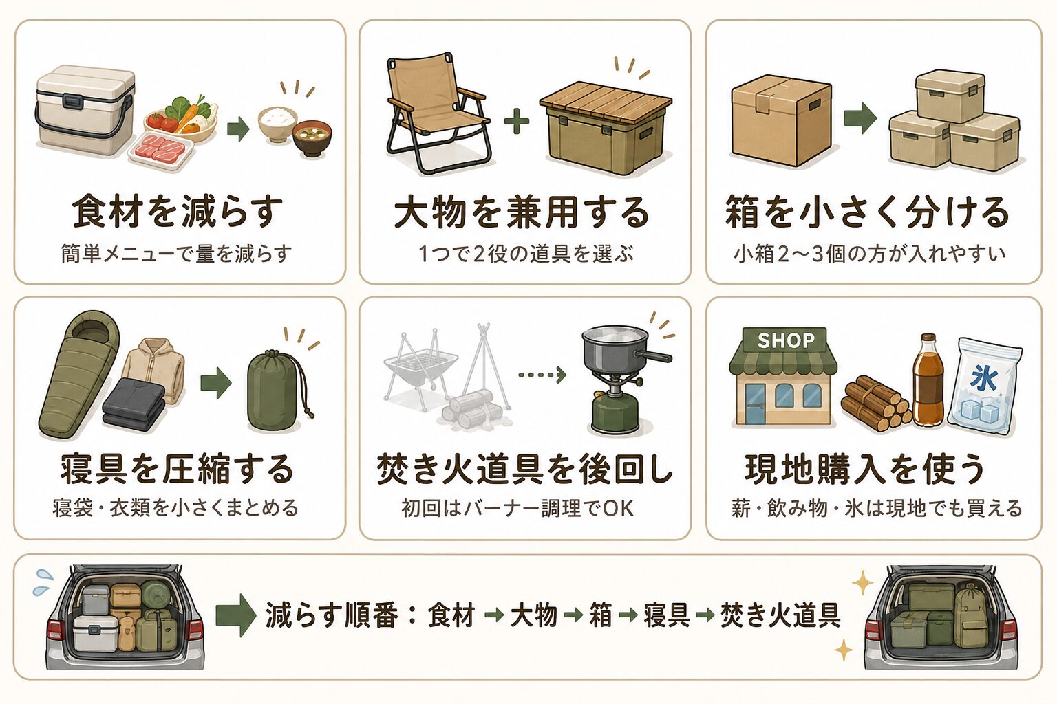 キャンプ荷物が車に入らない時の減らし方。食材を減らす、大物を兼用する、箱を小さく分ける、寝具を圧縮する、焚き火道具を後回し、現地購入を使う方法を示した図解