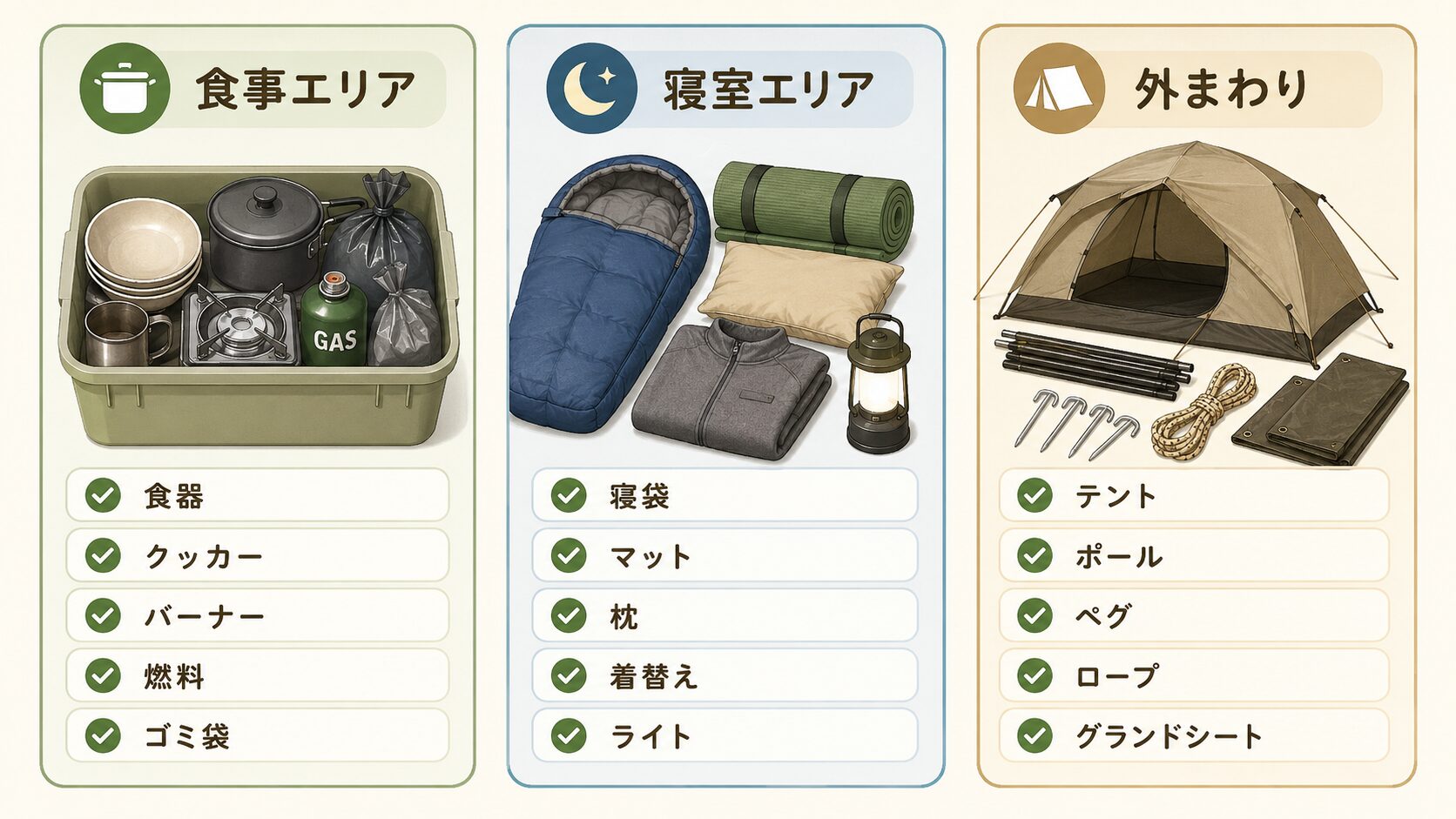 キャンプ撤収時の荷物を食事エリア、寝室エリア、外まわりの3つに分けてまとめる図