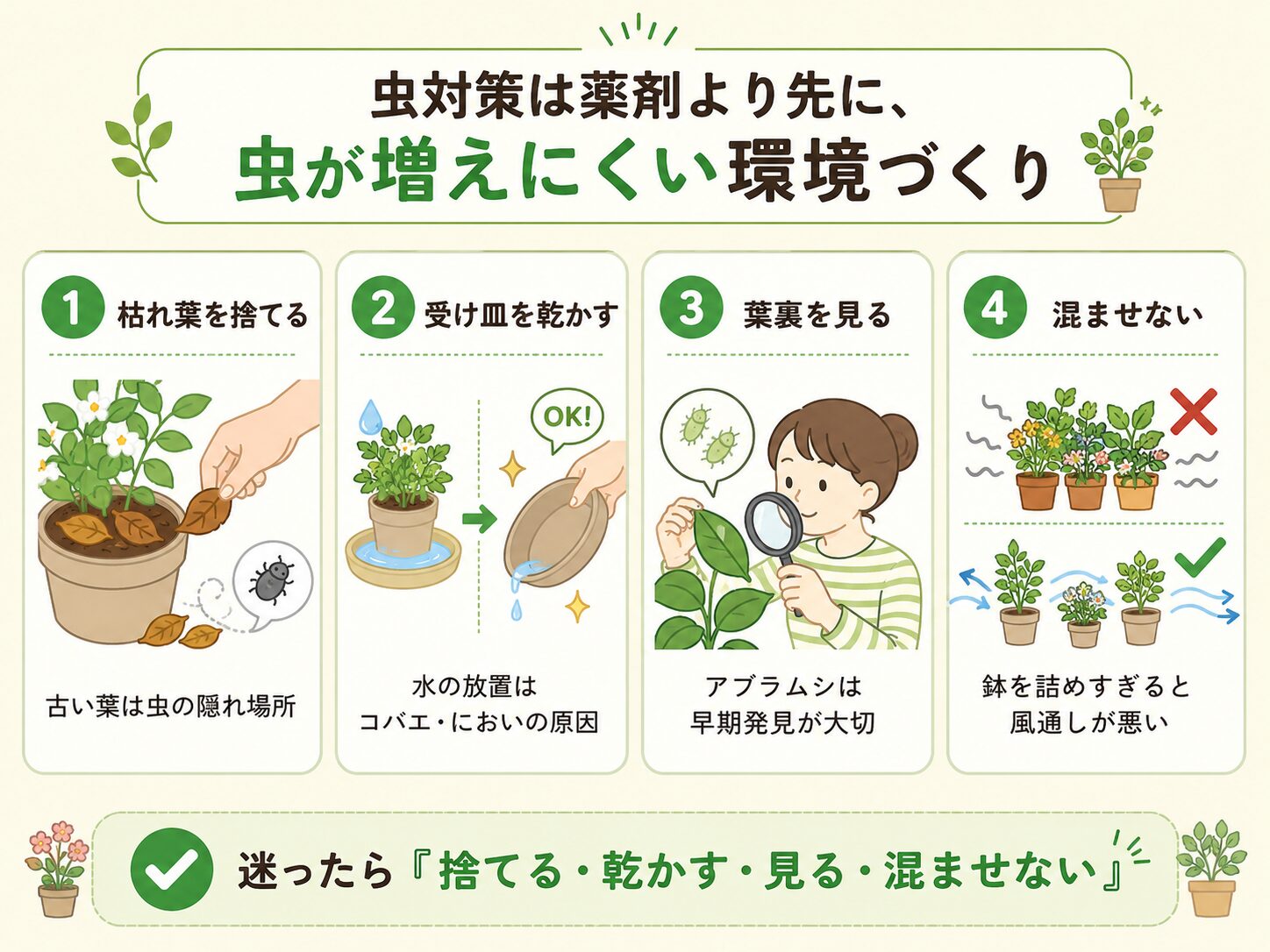 ベランダ菜園で虫を増やさない管理方法。枯れ葉を捨てる、受け皿を乾かす、葉裏を見る、鉢を混ませないことを示した図解