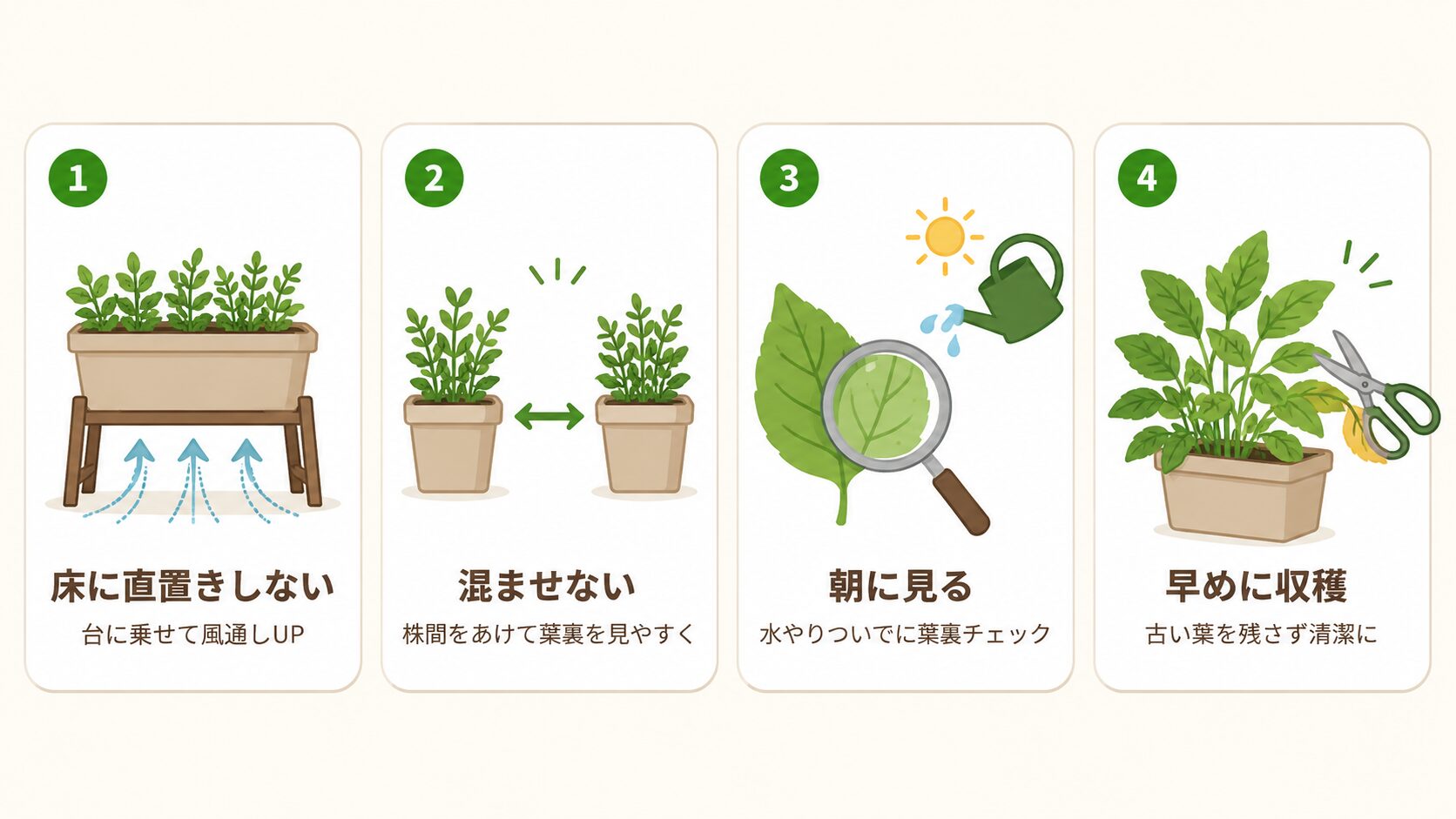 虫を減らすプランター配置の図解。床に直置きしない、混ませない、朝に見る、早めに収穫するという4つの基本を説明