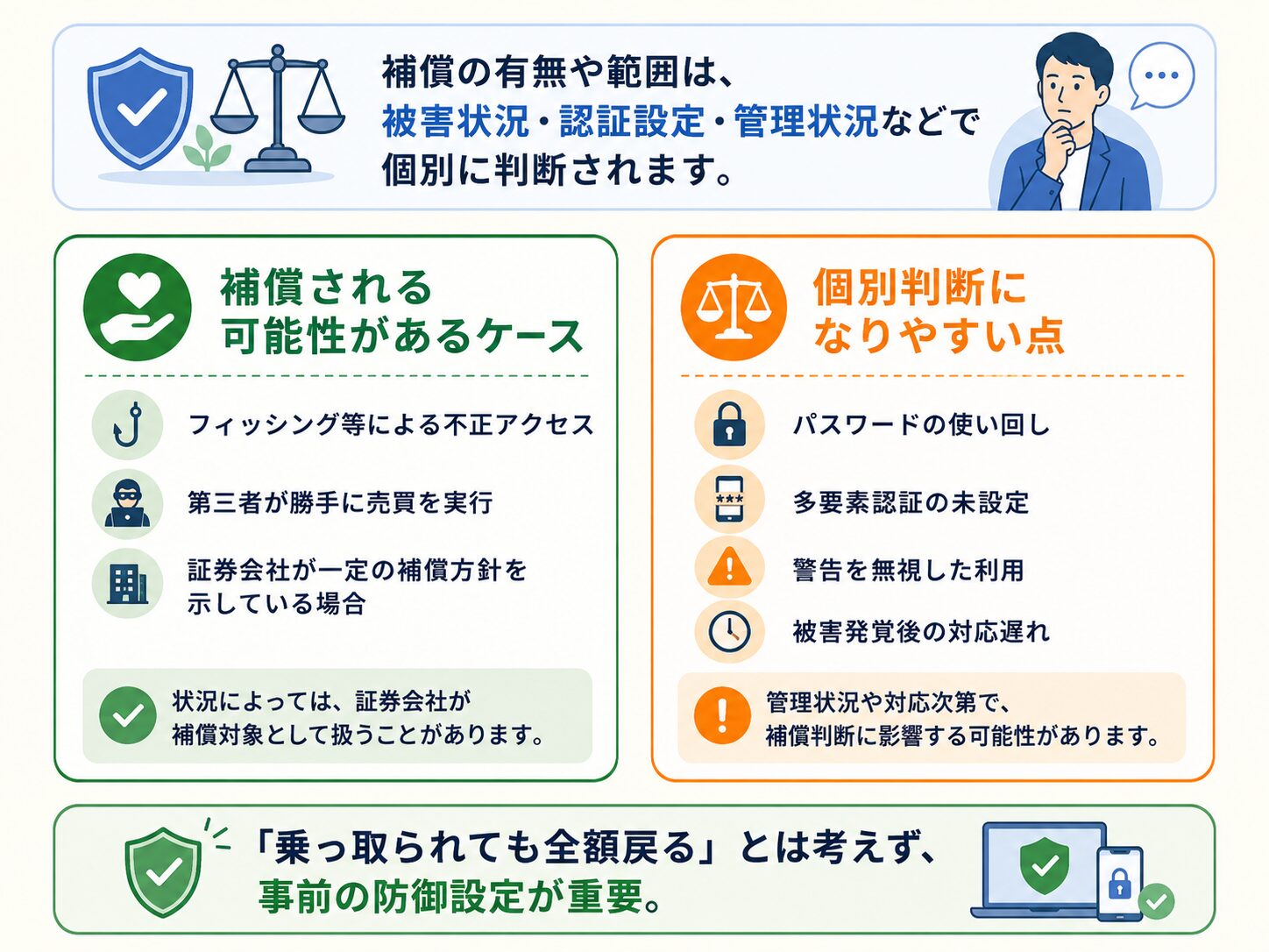 証券口座の不正被害で補償される可能性があるケースと、個別判断になりやすい点を示す図解