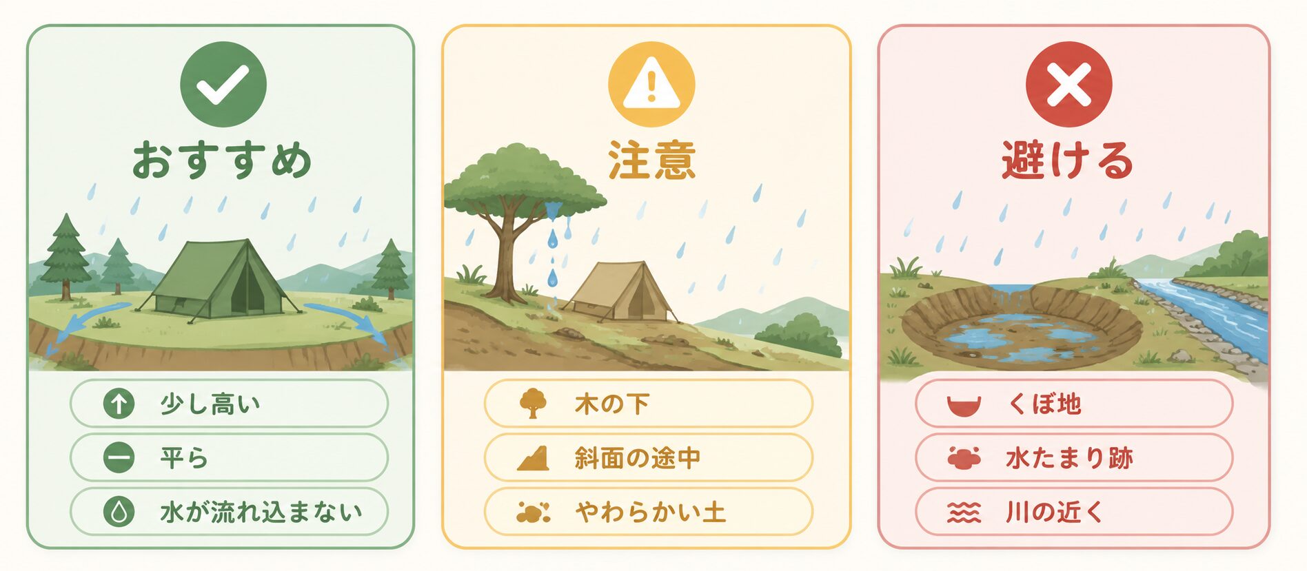 雨の日キャンプの設営場所の選び方。少し高く平らな場所はおすすめ、木の下や斜面は注意、くぼ地や川の近くは避けることを示した図解