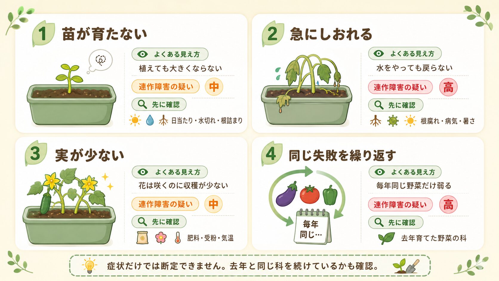 苗が育たない、急にしおれる、実が少ない、同じ失敗を繰り返す症状をチェックする図解