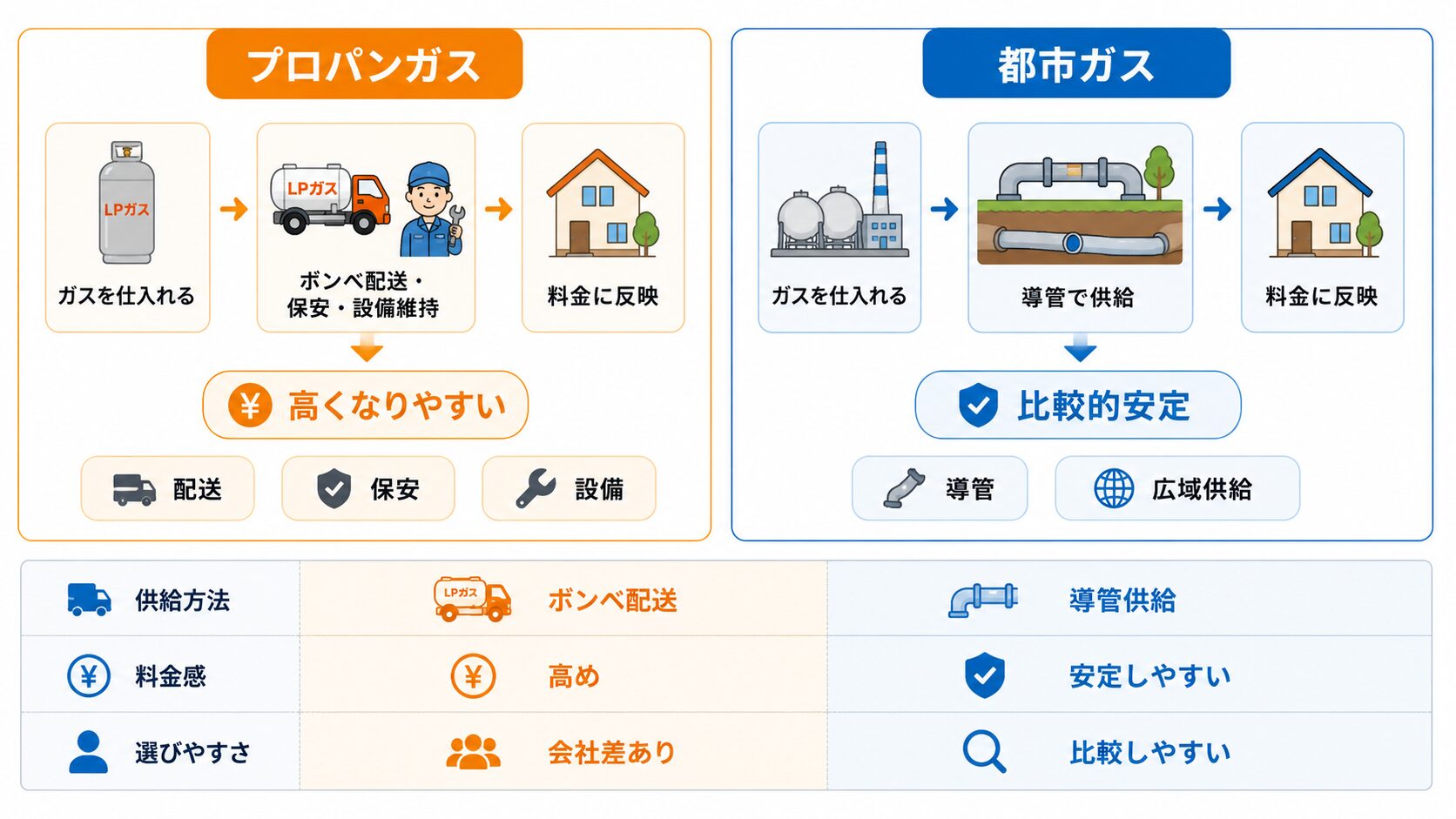 プロパンガスと都市ガスの違いを比較した図解。プロパンガスはボンベ配送・保安・設備維持により高くなりやすく、都市ガスは導管供給で比較的安定しやすいことを示す。