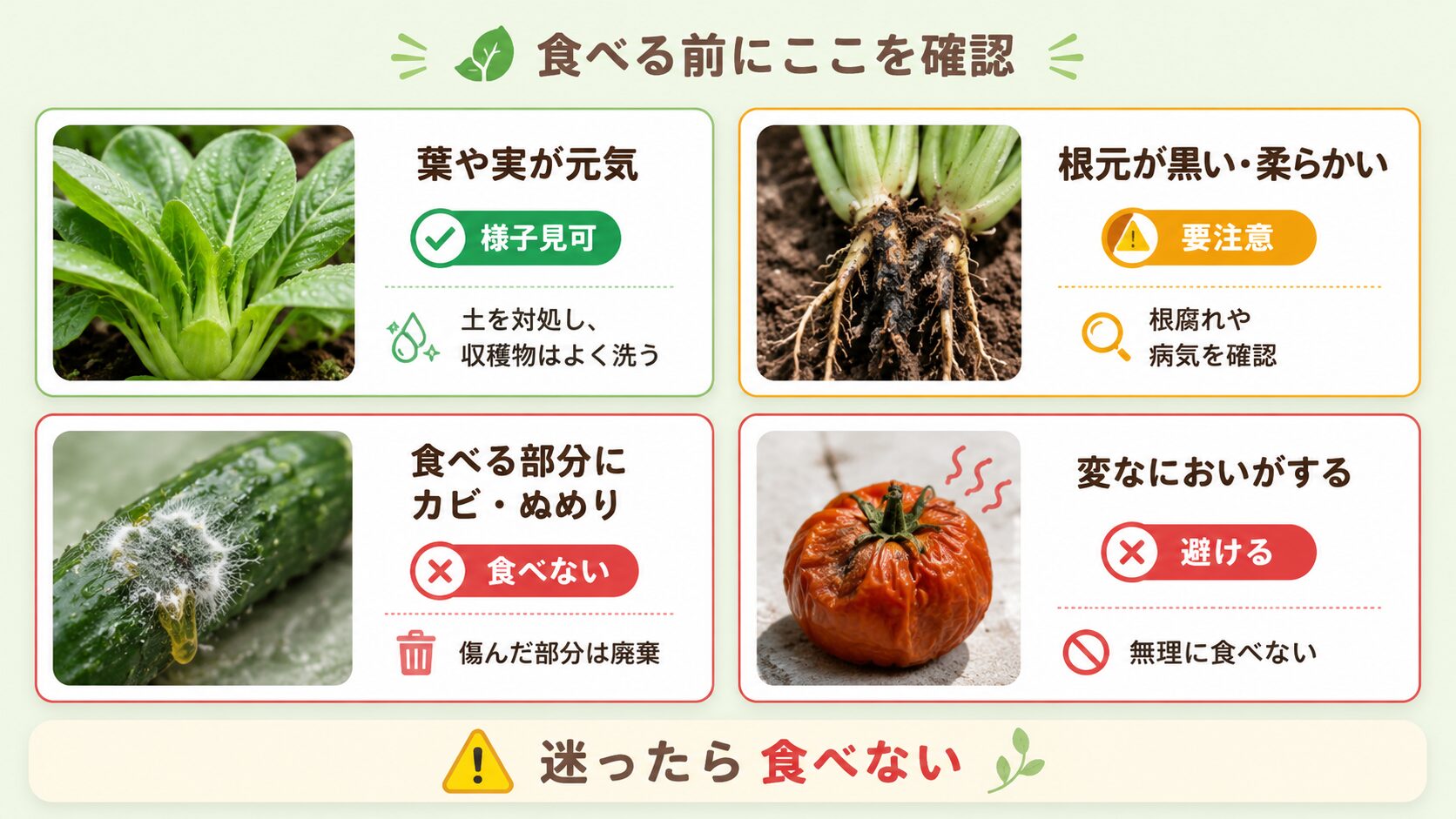 白いカビが出た土で育てた野菜を食べてもよいか判断するチェック表