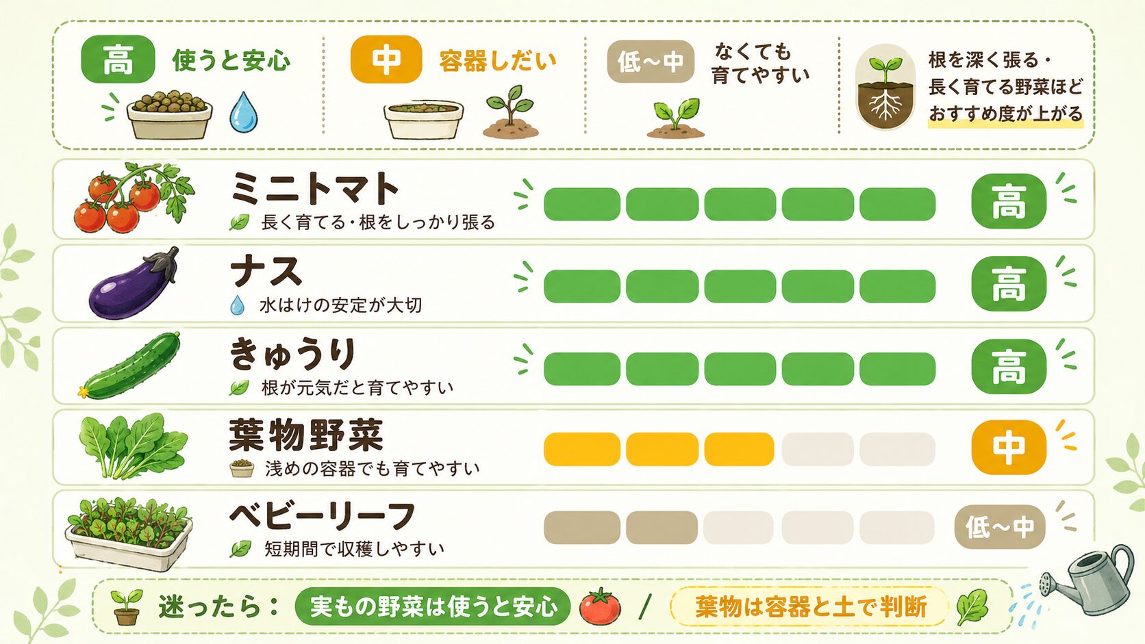 ミニトマト・ナス・きゅうり・葉物野菜・ベビーリーフ別の鉢底石おすすめ度を示した図解