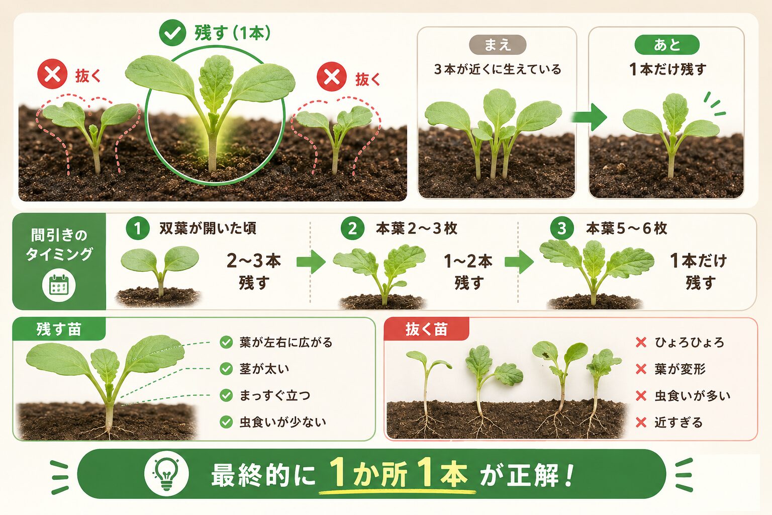大根の間引きで残す苗と抜く苗の見分け方