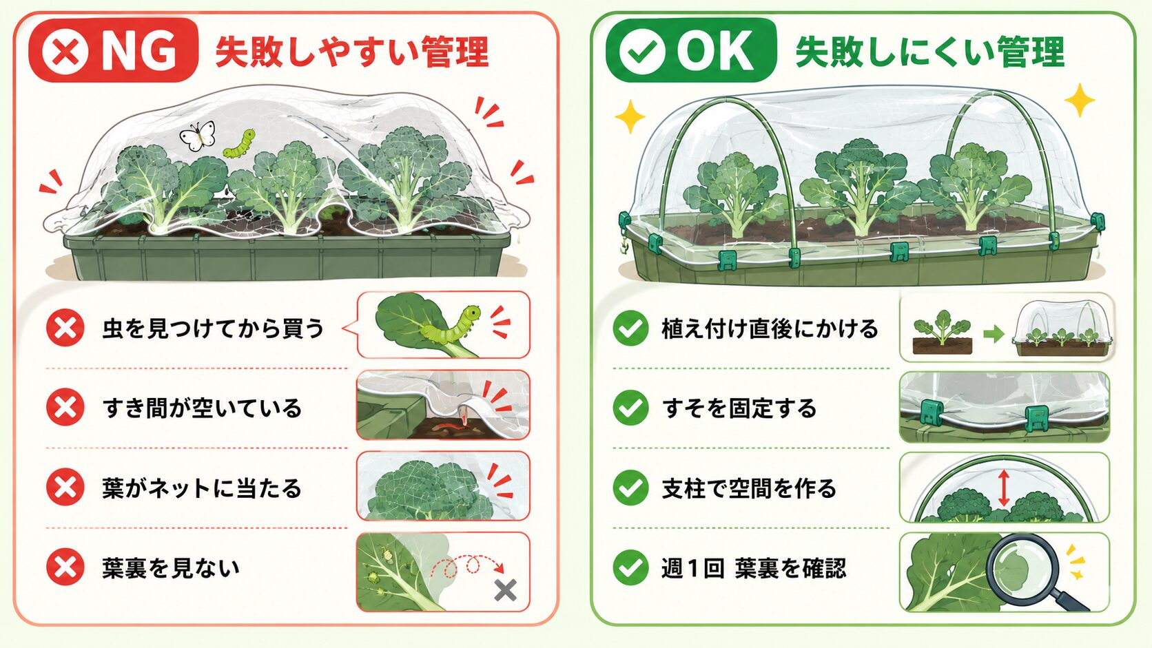 ブロッコリーの防虫ネットで失敗しやすい管理と失敗しにくい管理