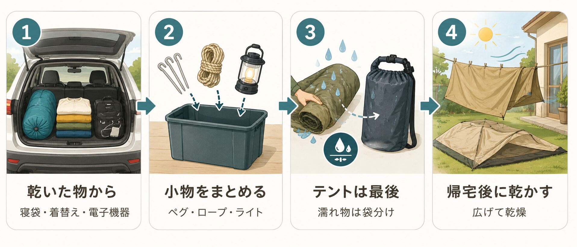 雨の日キャンプの撤収手順。乾いた物から収納し、小物をまとめ、テントを最後に畳み、帰宅後に乾かす流れを示した図解