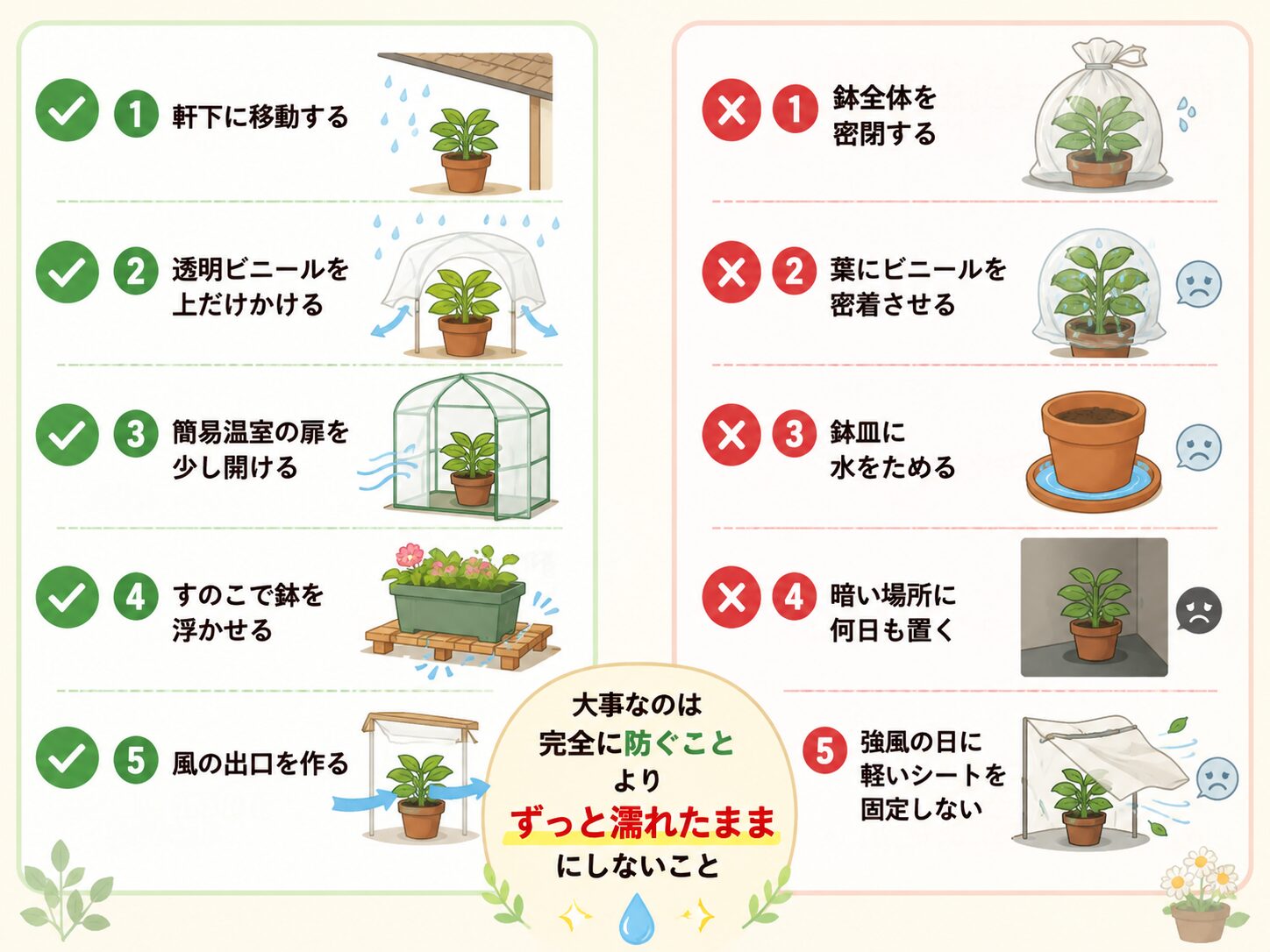 梅雨の雨よけでおすすめの方法と避けたい方法をOKとNGで比較した図解