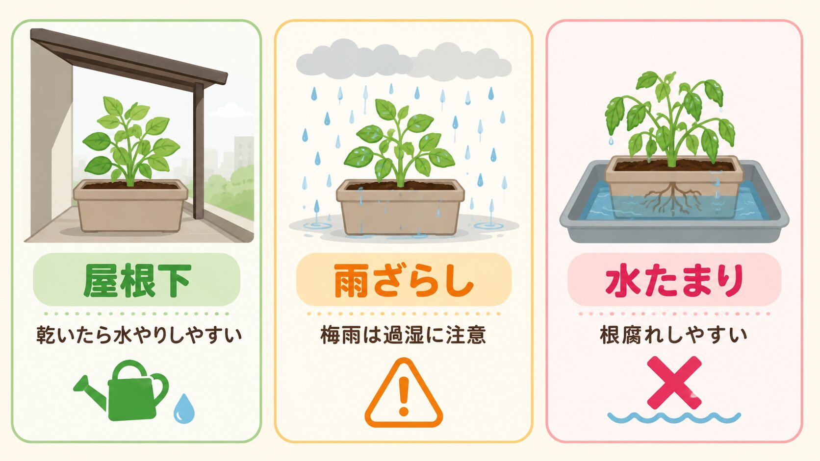 ベランダ菜園で屋根下・雨ざらし・水たまりを比較した図解