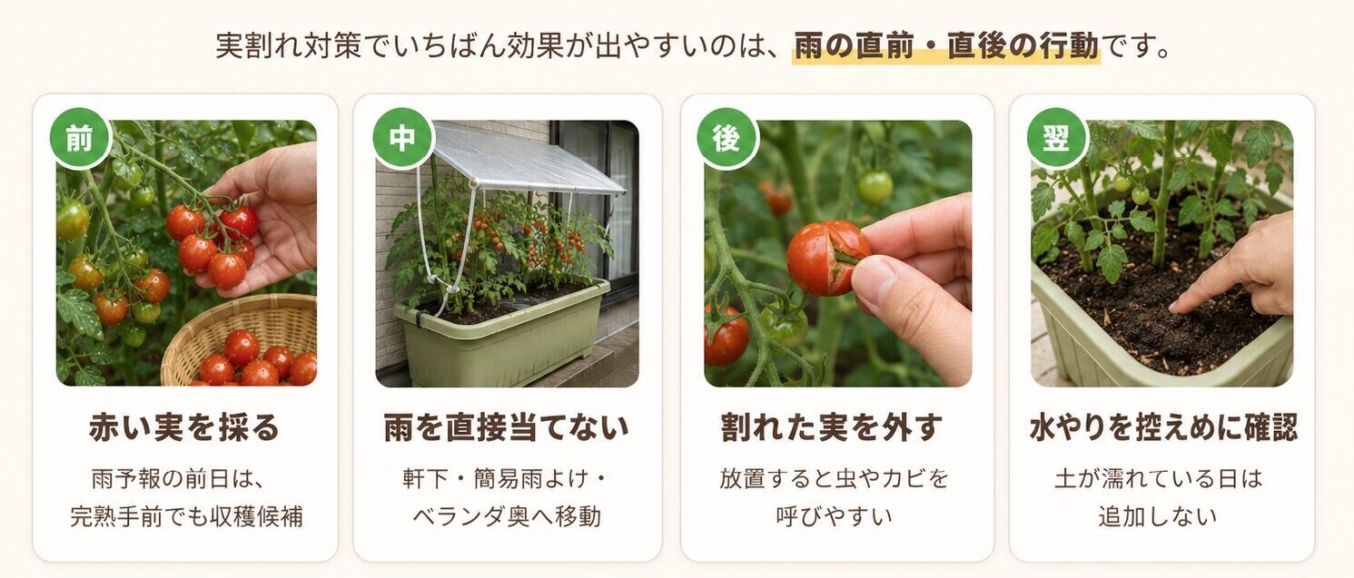 雨の前後に行うミニトマトの実割れ対策を説明した図解