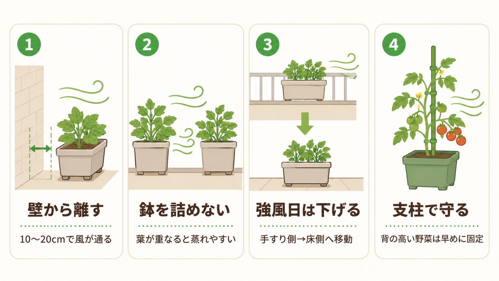 ベランダ菜園で風通しをよくする方法の図解
