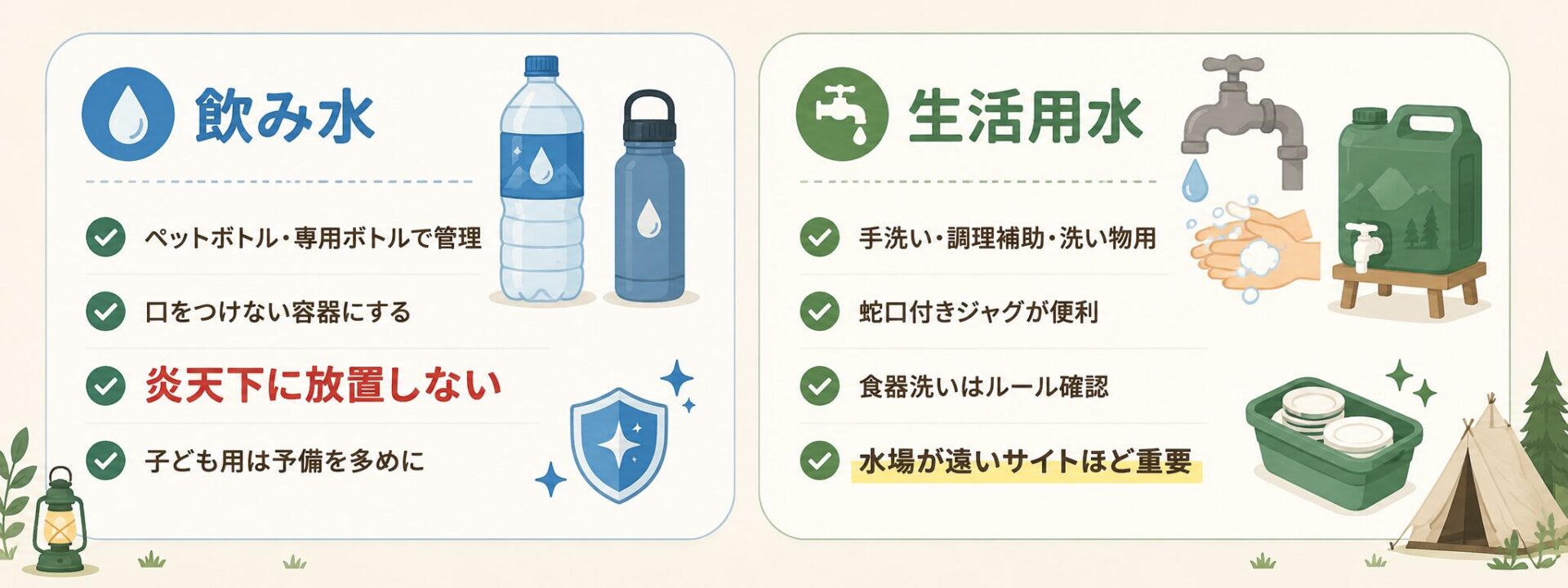 飲み水と生活用水を分けて管理するポイントを示したキャンプ初心者向けの比較図