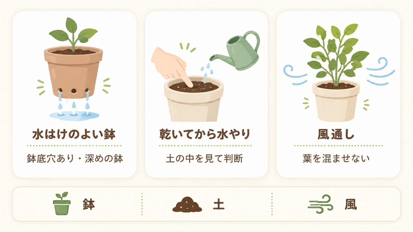 黄色い葉を予防するための水はけのよい鉢・乾いてから水やり・風通しの基本管理図解