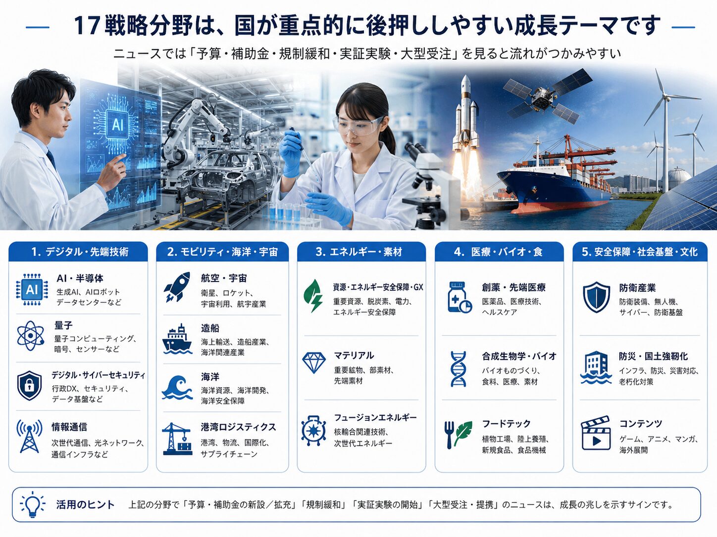 17戦略分野をデジタル先端技術、モビリティ海洋宇宙、エネルギー素材、医療バイオ食、安全保障社会基盤文化に整理した図解
