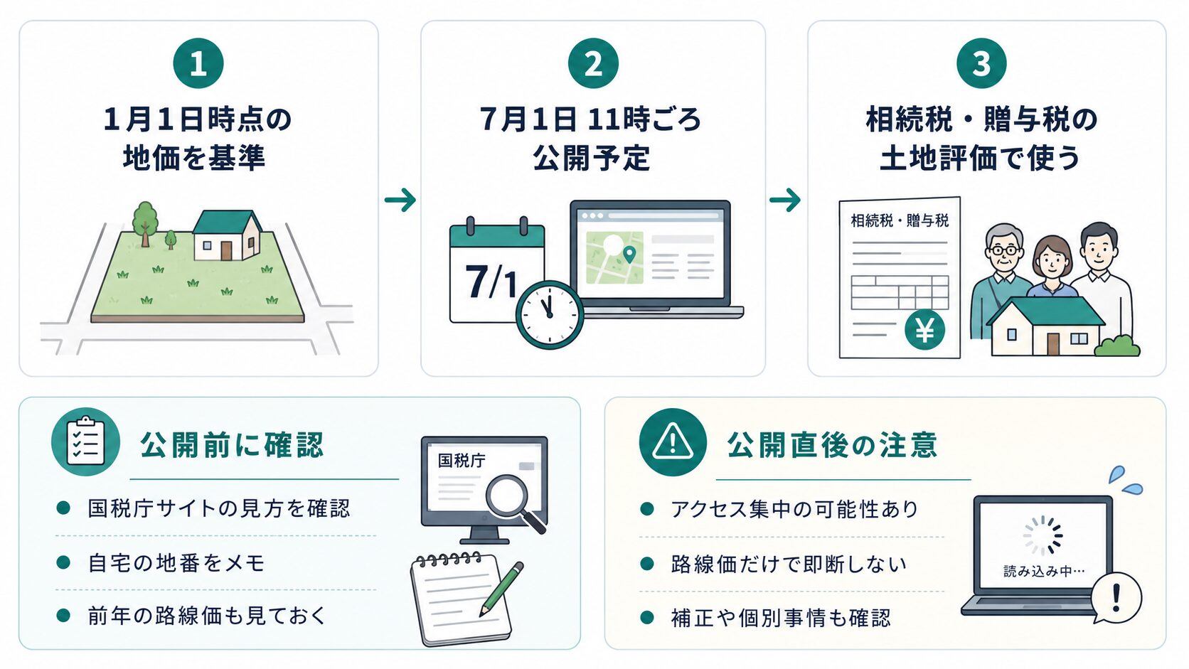 2026年分の路線価は1月1日時点の地価を基準に、7月1日11時ごろ公開予定で、相続税・贈与税の土地評価に使うことを示した図解