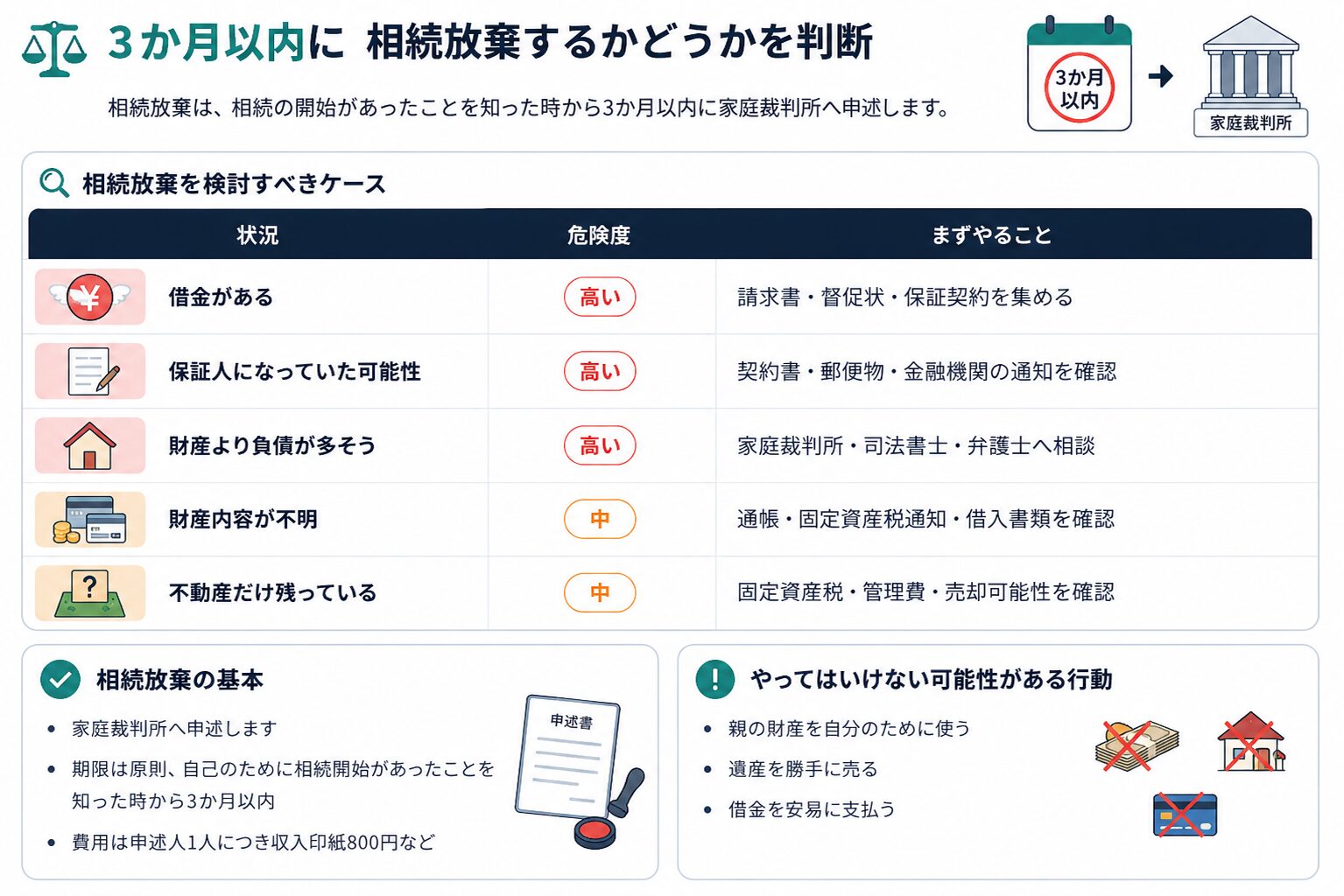 相続放棄を検討すべきケースと、借金・保証人・財産不明などの確認ポイントを整理した図解