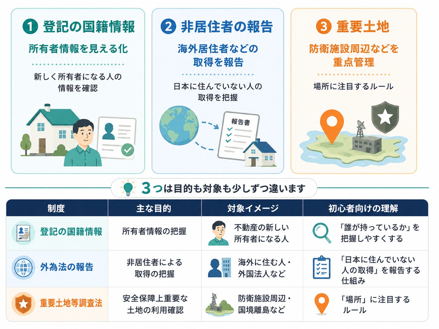 登記の国籍情報、非居住者の報告、重要土地等調査法の3つの制度の目的、対象イメージ、初心者向けの理解を比較した図解