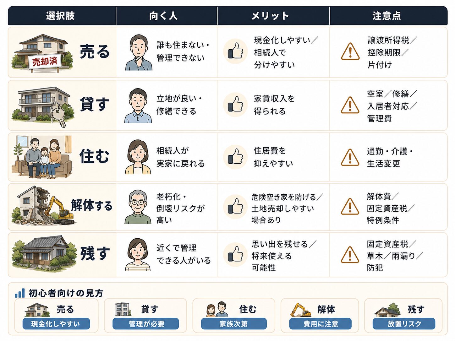 売る、貸す、住む、解体する、残すの5つの選択肢を比較した図解