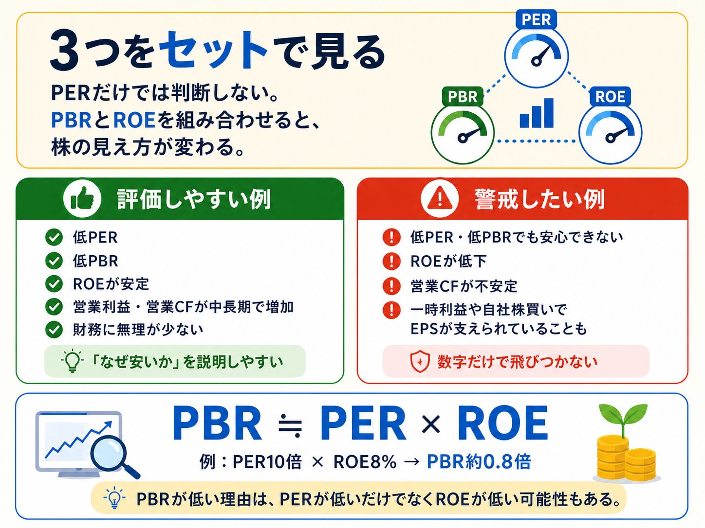 PER・PBR・ROEを組み合わせ、評価しやすい株と警戒したい株を比較した図