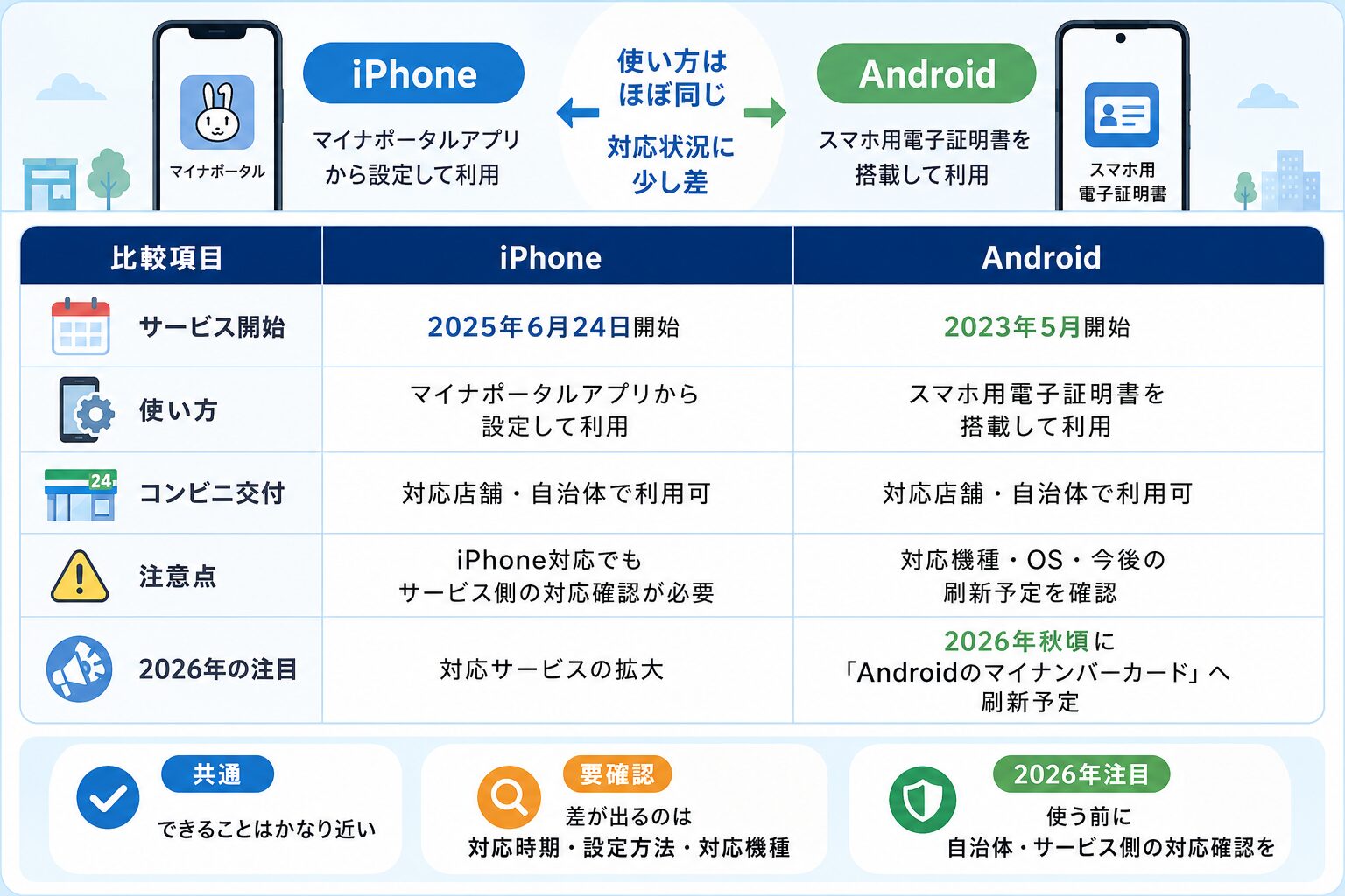 iPhoneとAndroidのスマホ用マイナンバーカード対応の違いを比較した表
