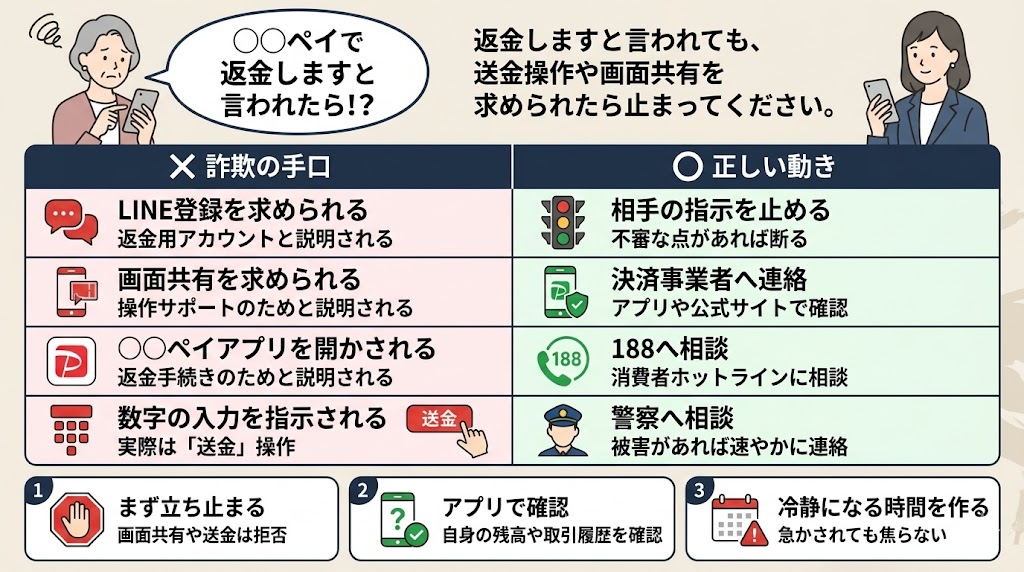 ○○ペイで返金すると言われた時の注意点を説明した図解。