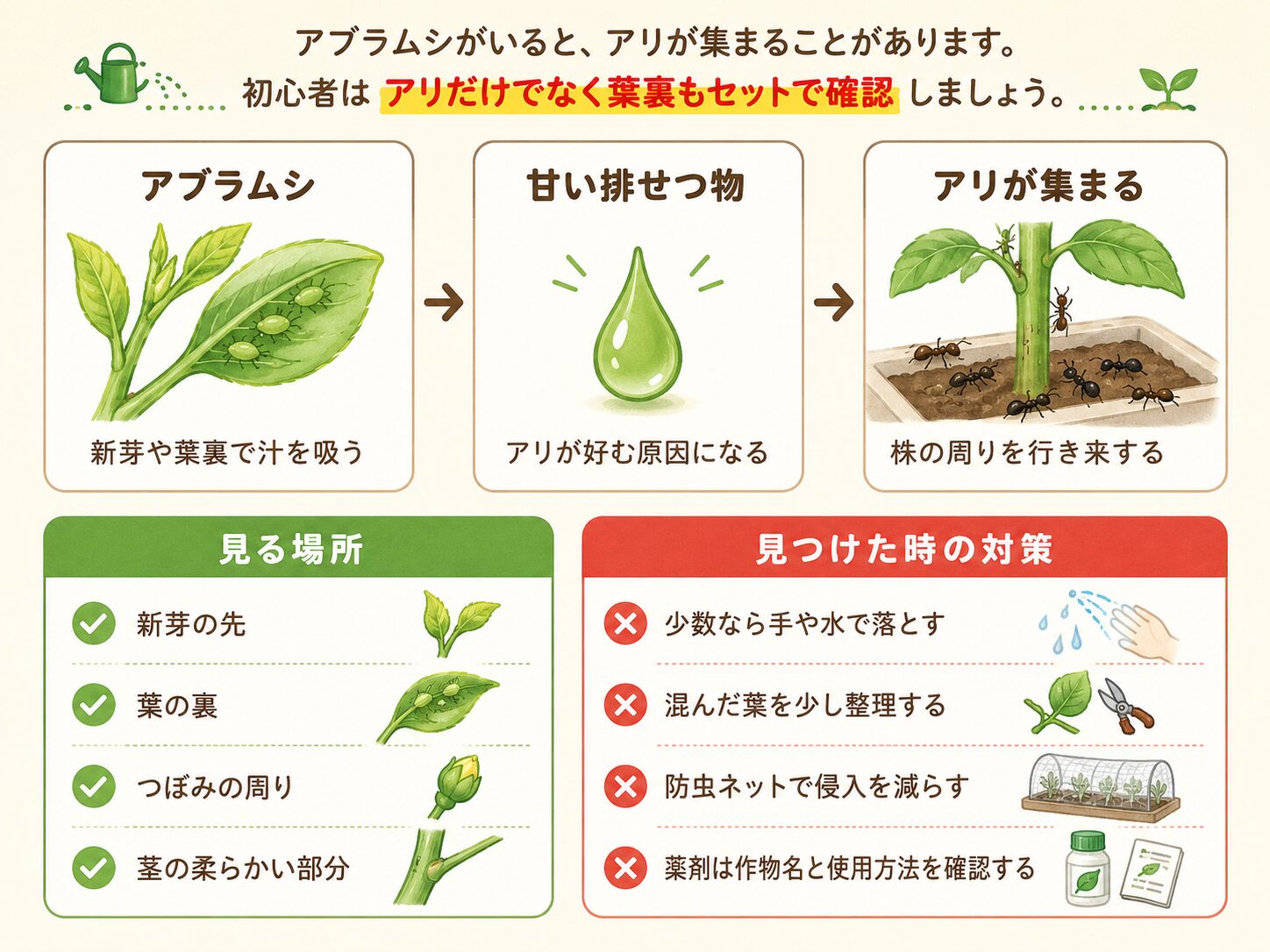 アブラムシの甘い排せつ物にアリが集まる仕組みと確認場所の図解