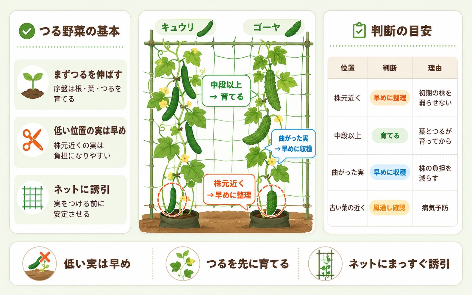 きゅうりとゴーヤの低い位置の実を早めに整理する判断図