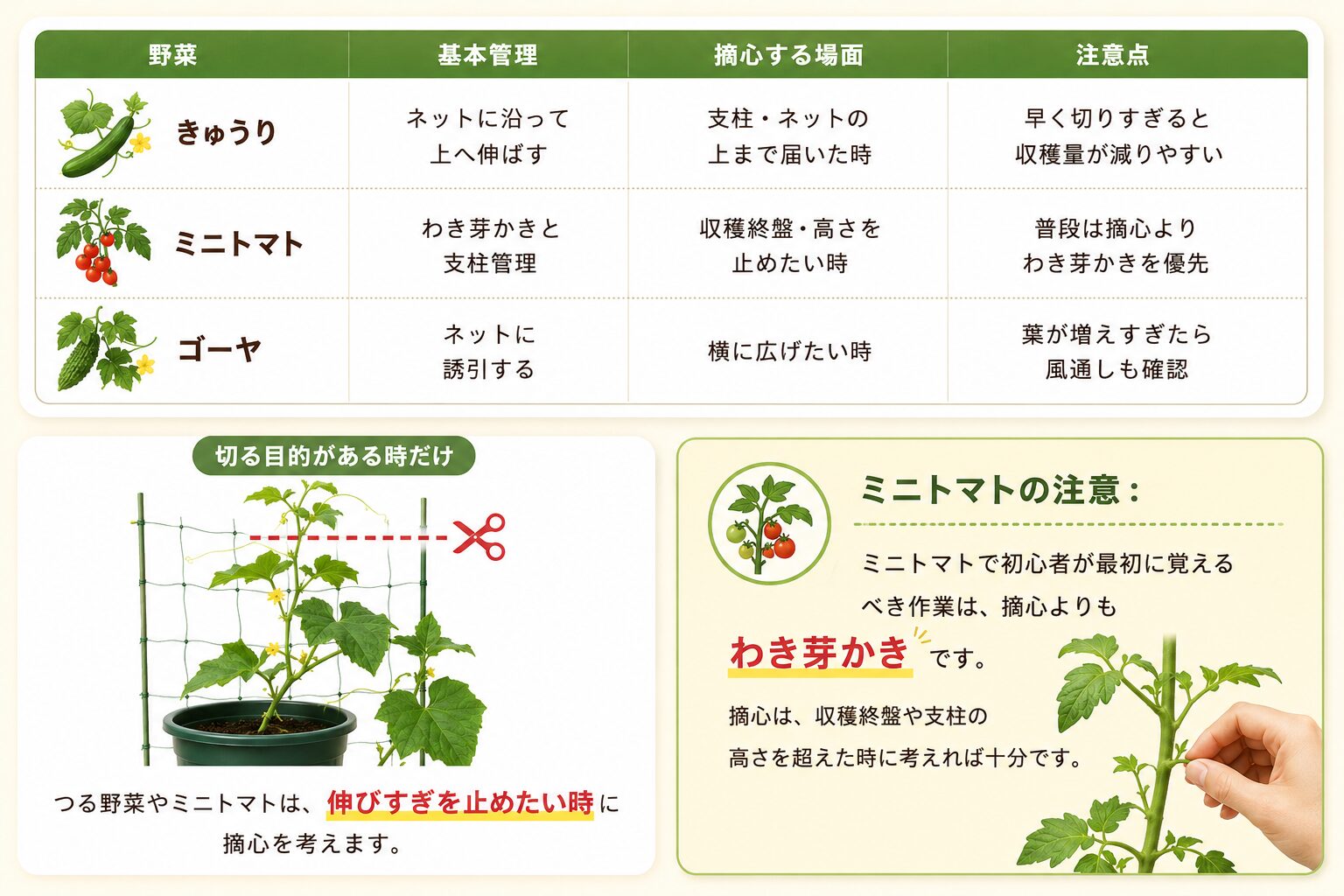 きゅうり・ミニトマト・ゴーヤの摘心タイミングを示した図解