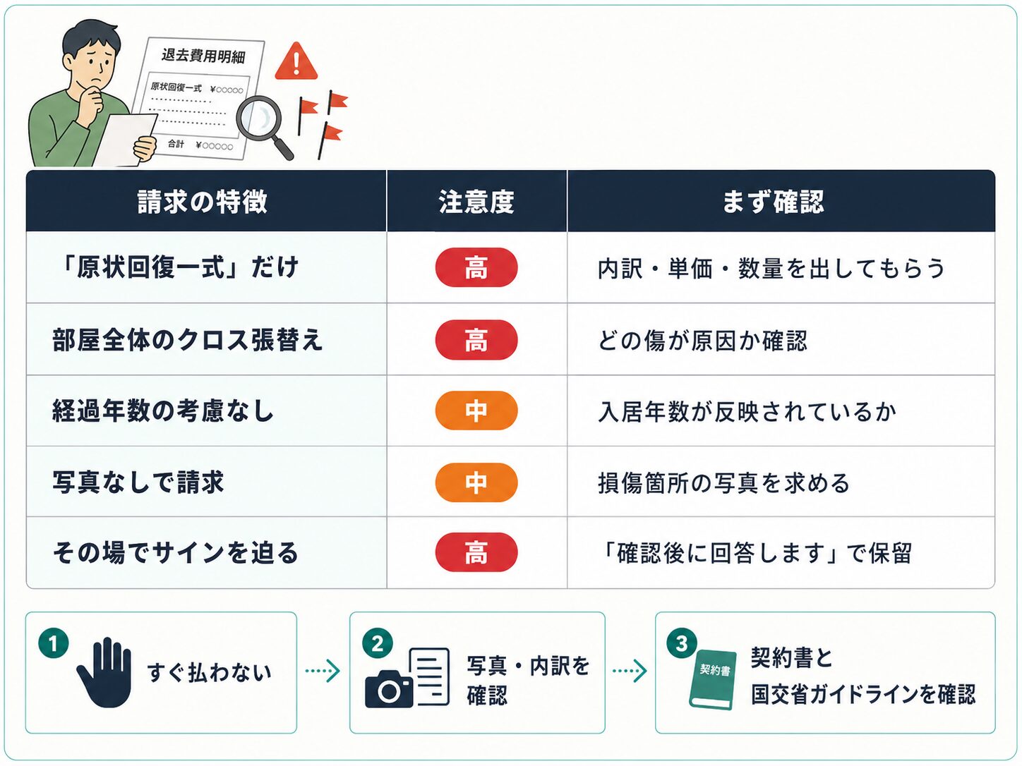 退去費用の要注意請求を危険度別に整理した表