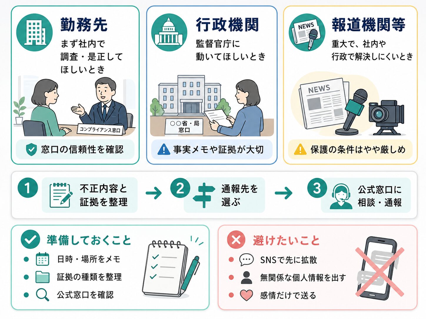 通報先の3種類を説明したイラスト。勤務先、行政機関、報道機関等の違いと、準備しておくこと、避けたいことを整理