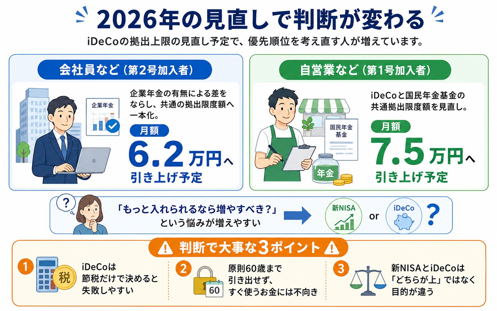 2026年のiDeCo見直しにより会社員や自営業者の拠出上限が変わることを説明した図解