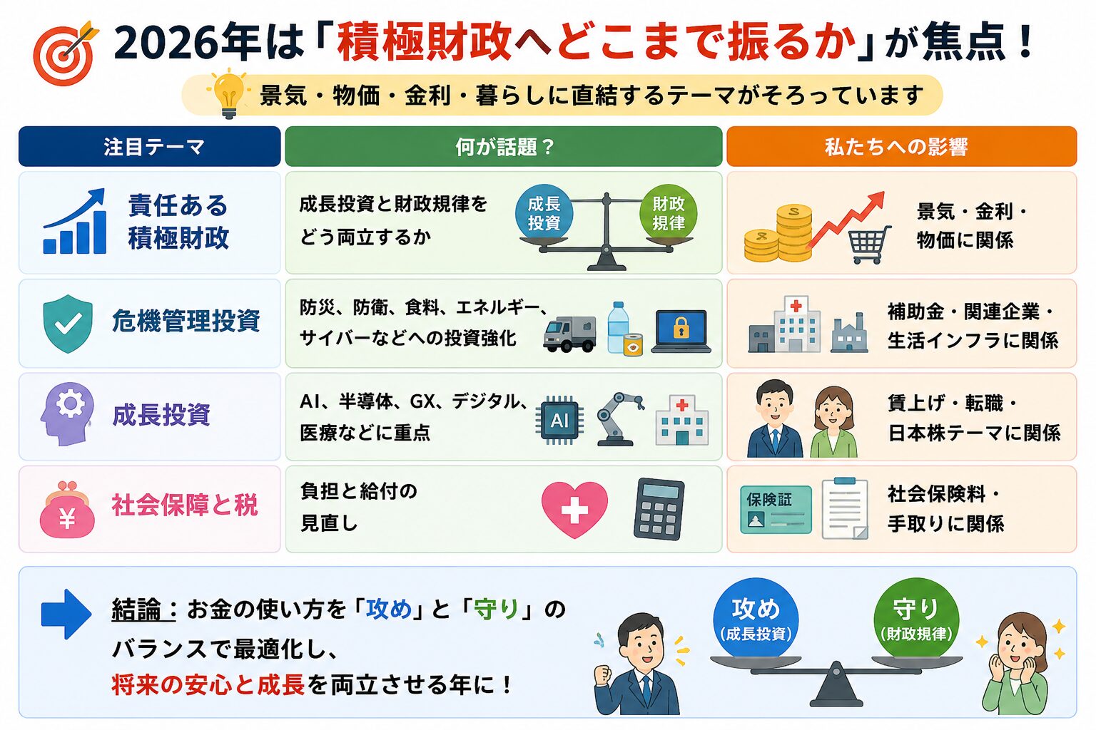 2026年の政策テーマが給料、物価、社会保険料、新NISAにどう影響するかを整理したマップ