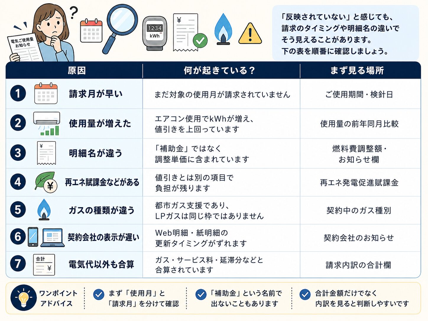 電気代補助金が反映されていないように見える7つの原因と確認場所をまとめた表