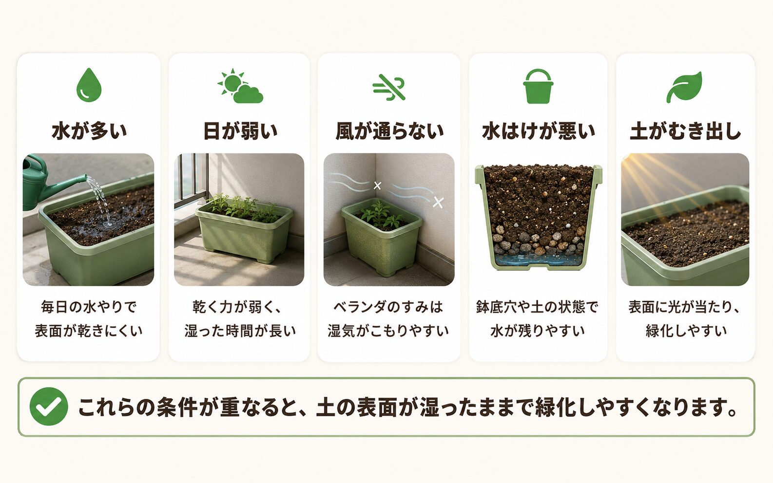 土が緑になる5つの原因。水が多い、日が弱い、風が通らない、水はけが悪い、土がむき出しの図解