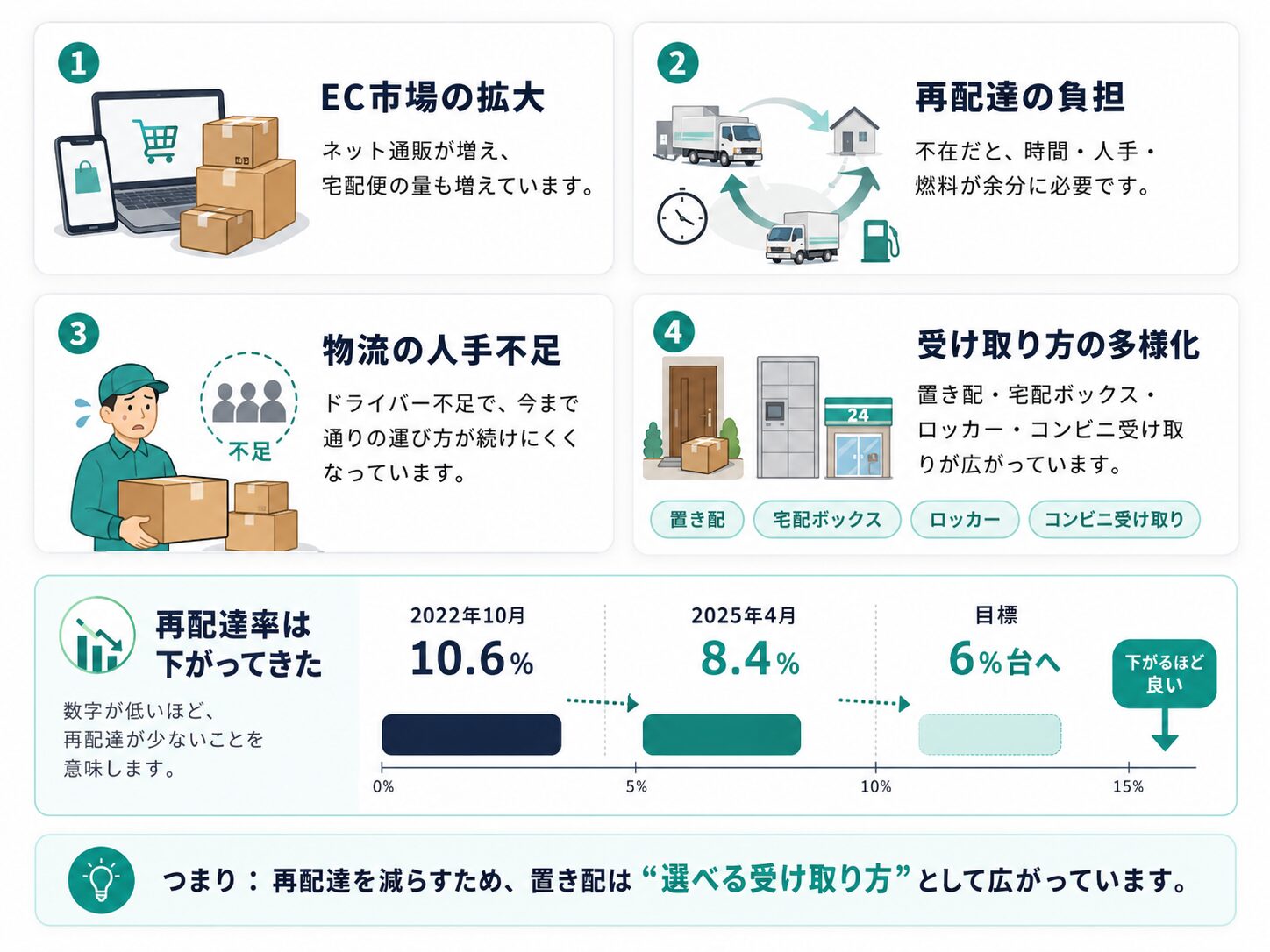 EC市場の拡大、再配達の負担、物流の人手不足、受け取り方の多様化を説明する図