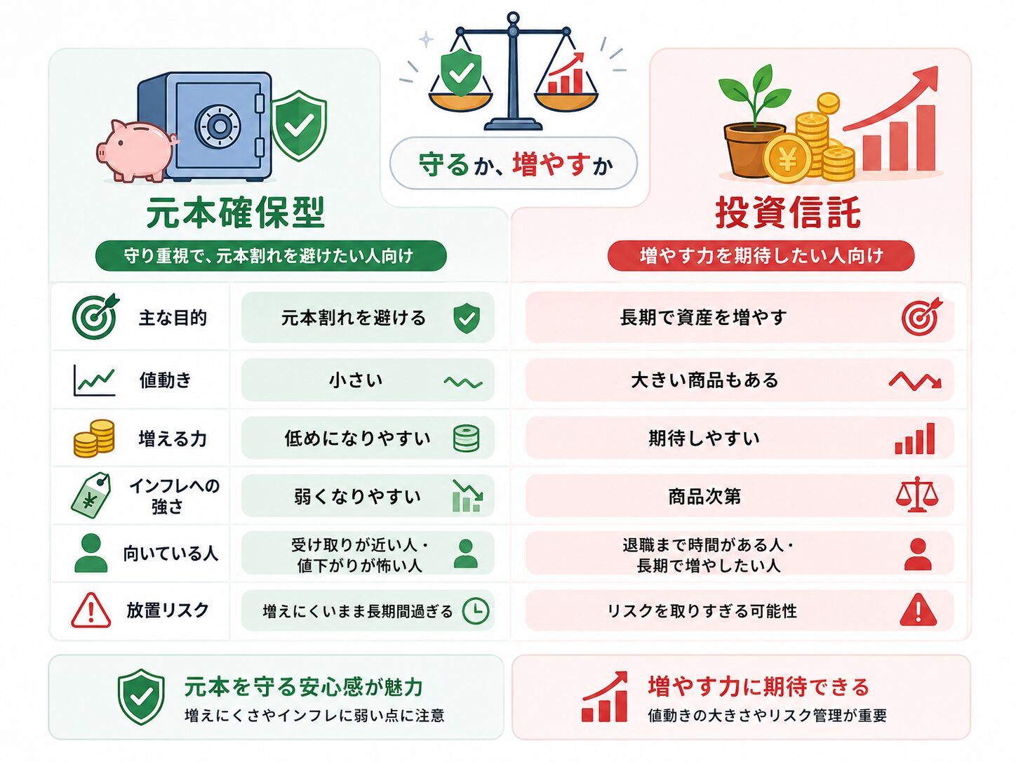 元本確保型と投資信託を、目的、値動き、増える力、インフレへの強さ、向いている人、放置リスクで比較した図解