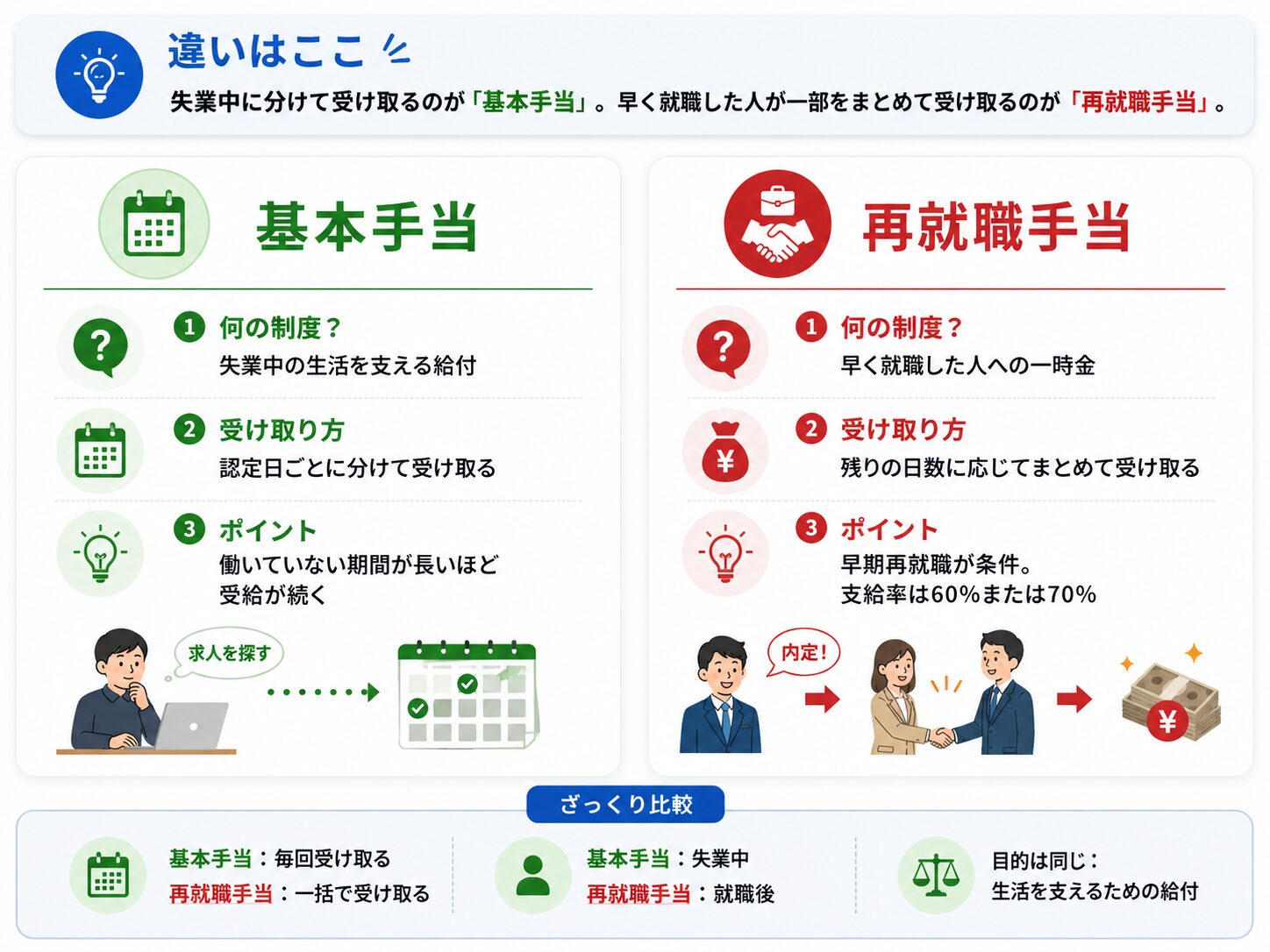 失業保険と再就職手当の違いをわかりやすく整理した表