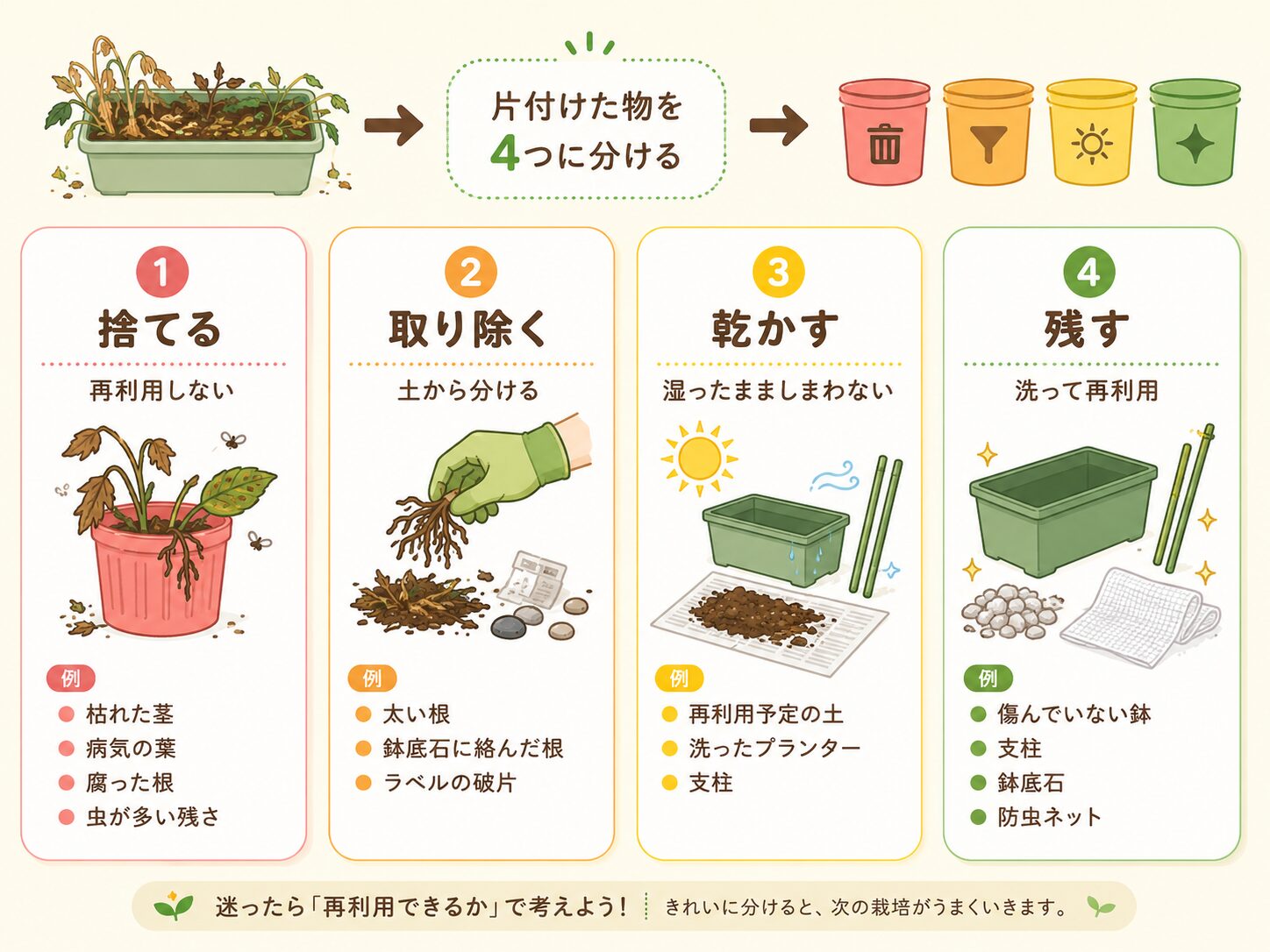 家庭菜園の片付けで捨てる物・取り除く物・乾かす物・残す物を示した図解