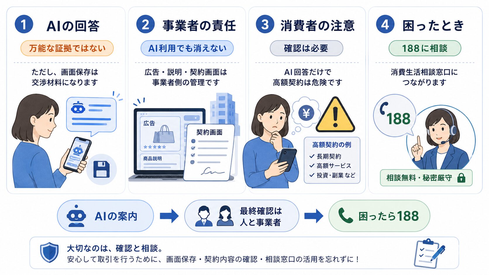 AIの回答、事業者の責任、消費者の注意、188相談を整理した図解