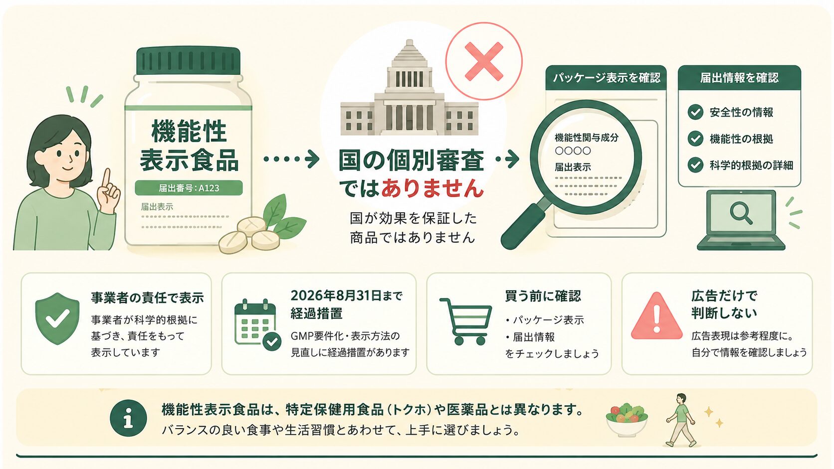 機能性表示食品は国が効果を保証する制度ではなく、事業者の責任で表示されることを説明した図解