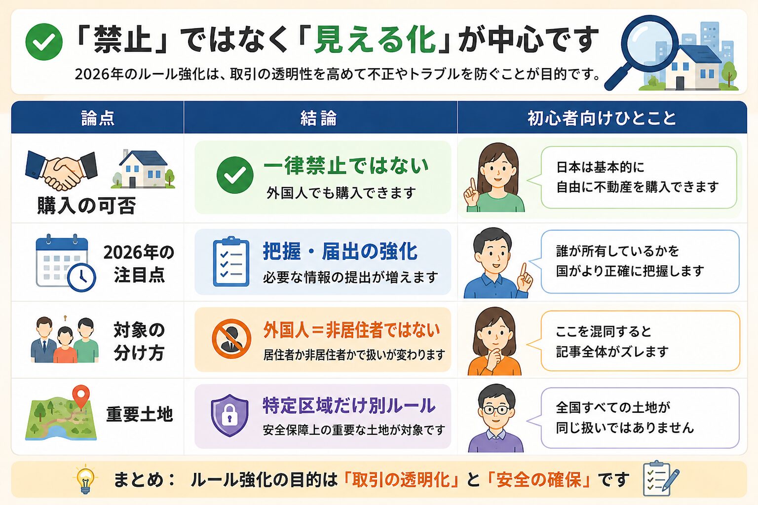 外国人の不動産購入ルールは一律禁止ではなく、購入可否、所有者情報の把握、対象の分け方、重要土地の確認がポイントであることを示した図解