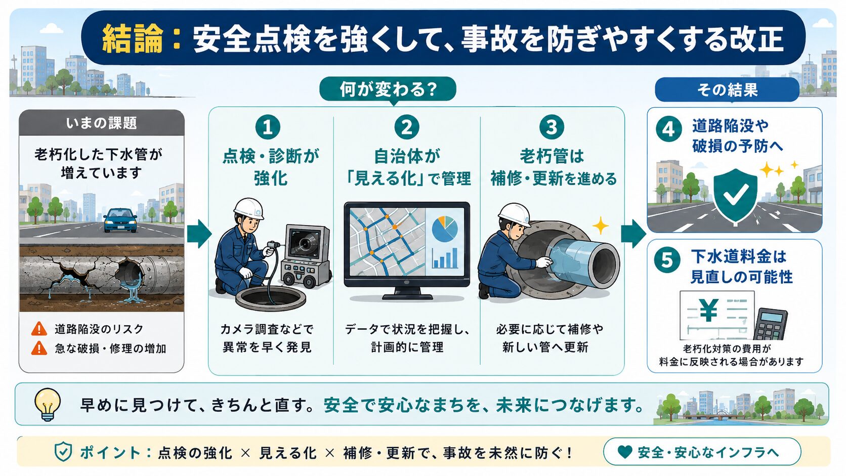 下水道法改正で安全点検を強化し道路陥没や破損を予防する流れを示した図解